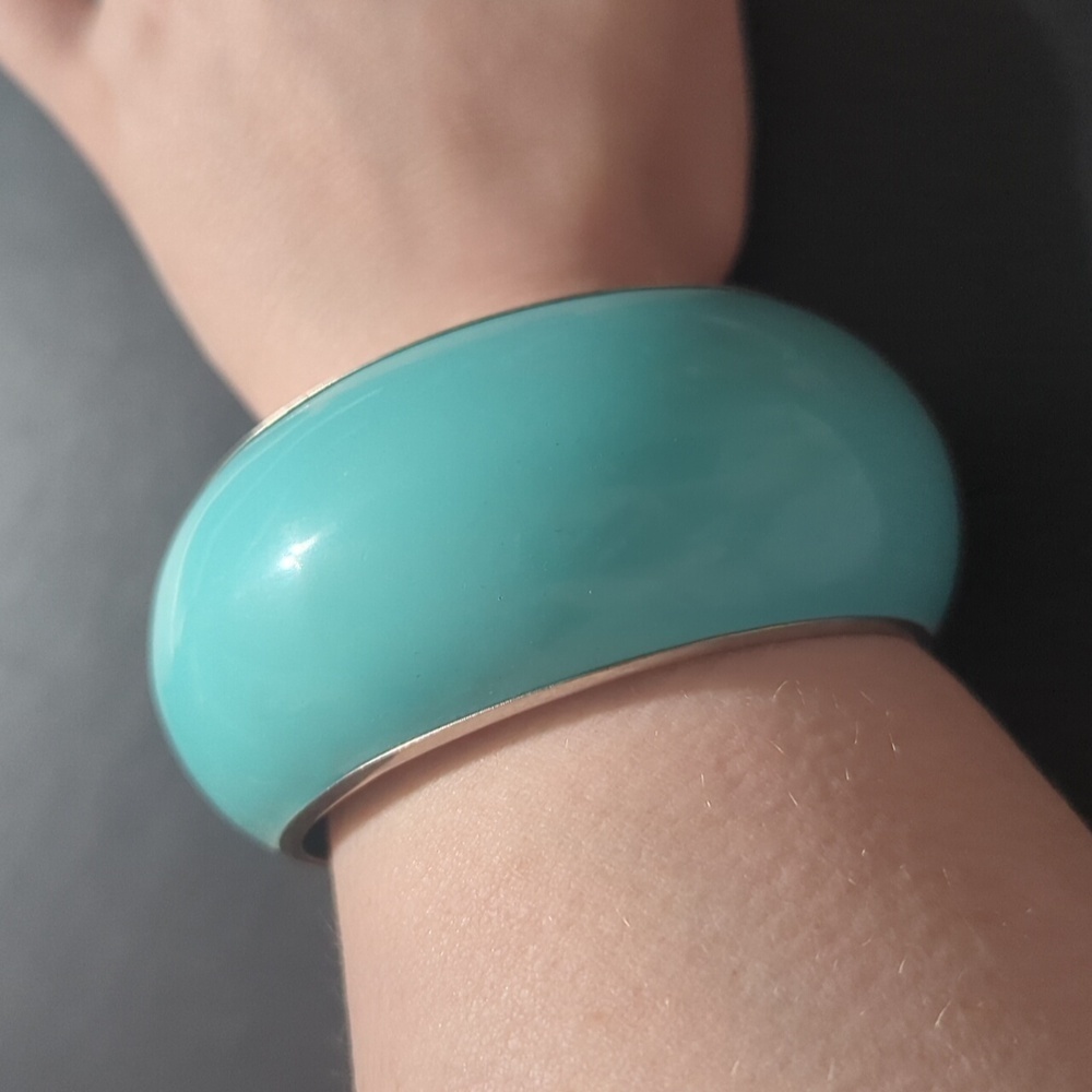 Silver Tone Turquoise Blue Enamel Bangle Statement Bracelet - larger size